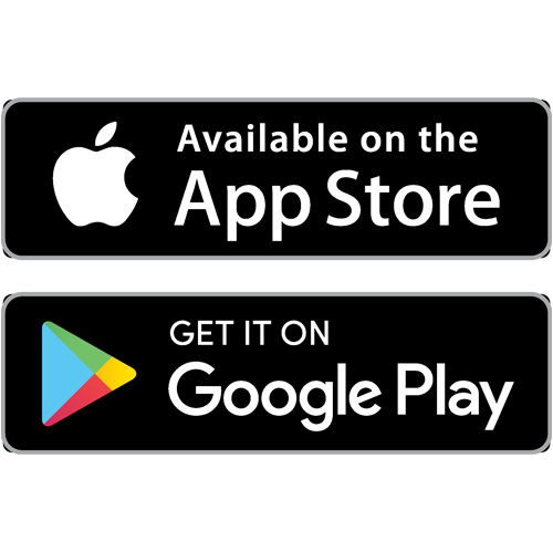 buttons for app stores, both are black rounded rectangles, within the first top rectangle it says available on the app store, with the apple logo, under that is another black rounded rectangle, within it says get it on google play with the google play store logo