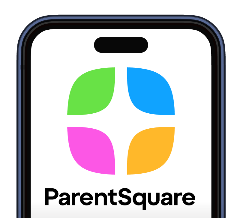 parentsquare logo within an iphone image, parentsquare logo with a rounded square shape with four colour shapes, (top left to top right) green and blue, (bottom right to bottom left) yellow and magenta, with the word parentsquare below